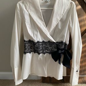 White House/Black Market, M wrap around top, black lace with black satin sash